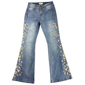 Bamboo Original Juniors 9 Stretch Denim Embroidered Floral Jeans Flare Boho